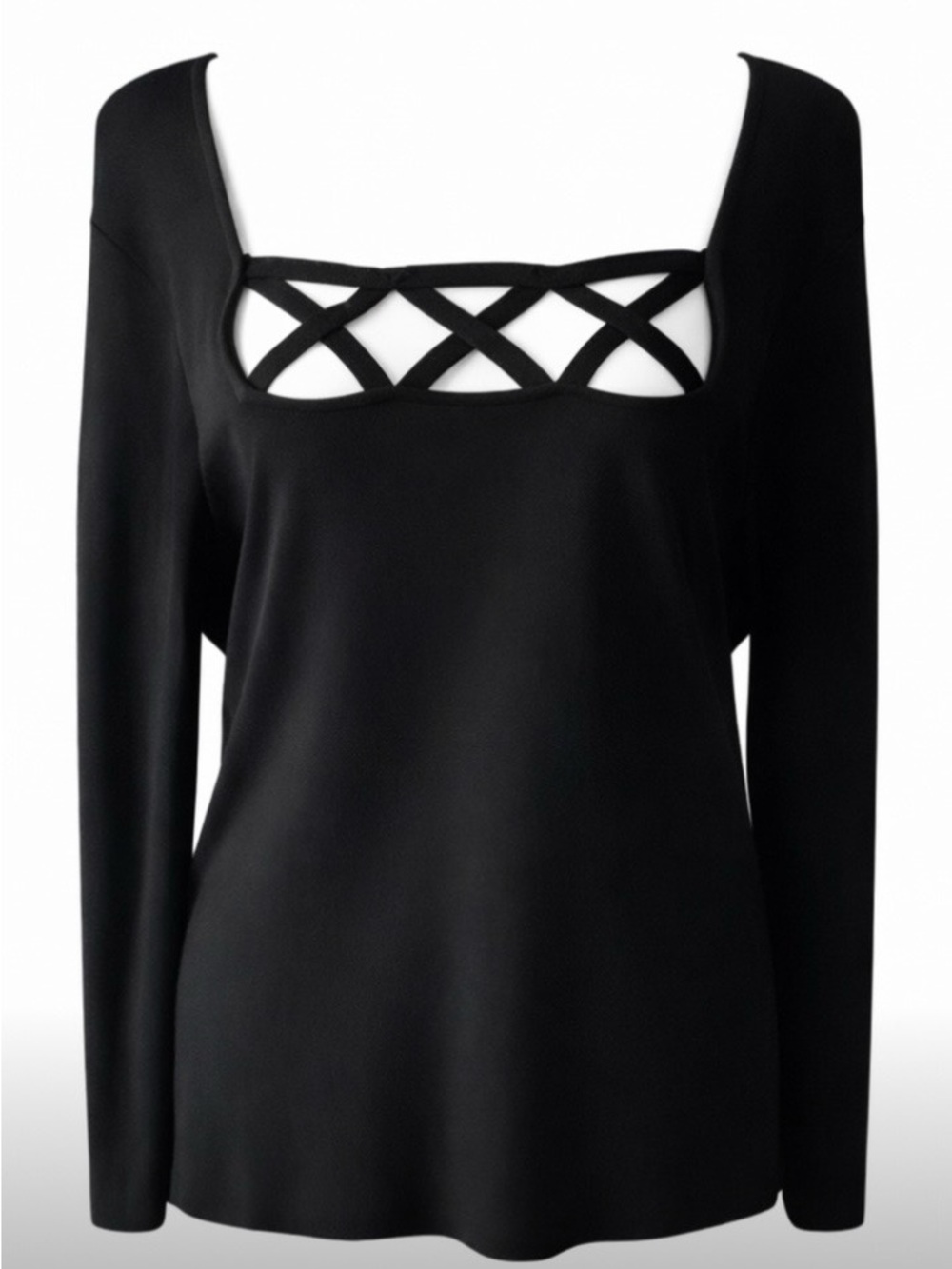 NWT Finity Womens Medium Black Knit Top Criss Cross Lattice Square Neck Stretch